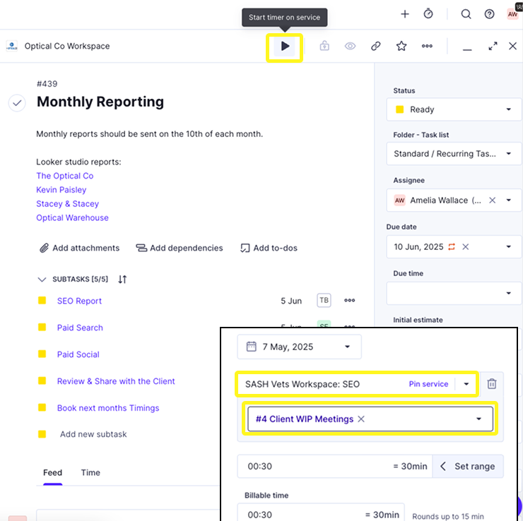Starting a timer from a Productive task